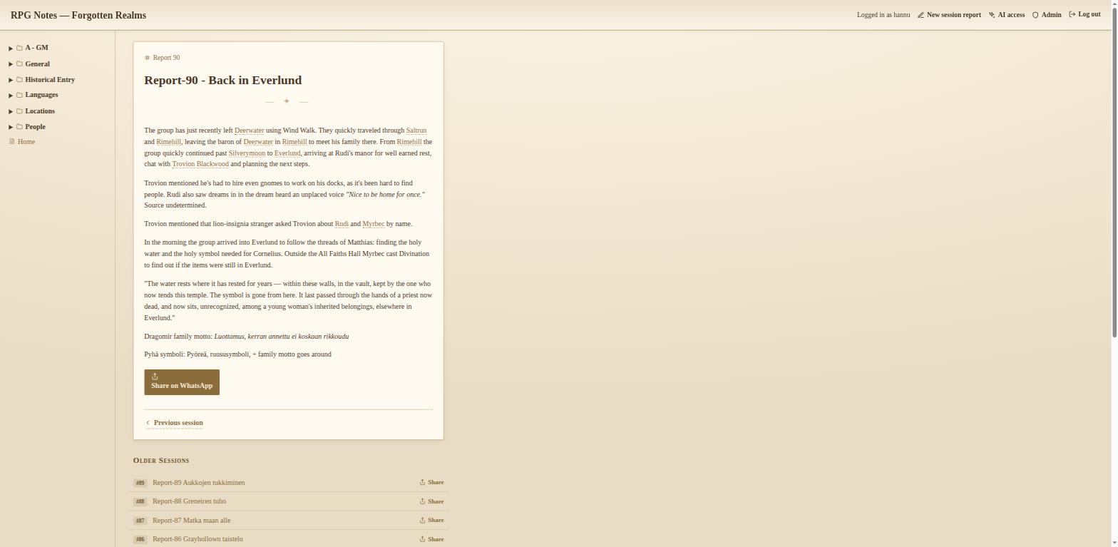 Homepage screenshot of RPG Notes