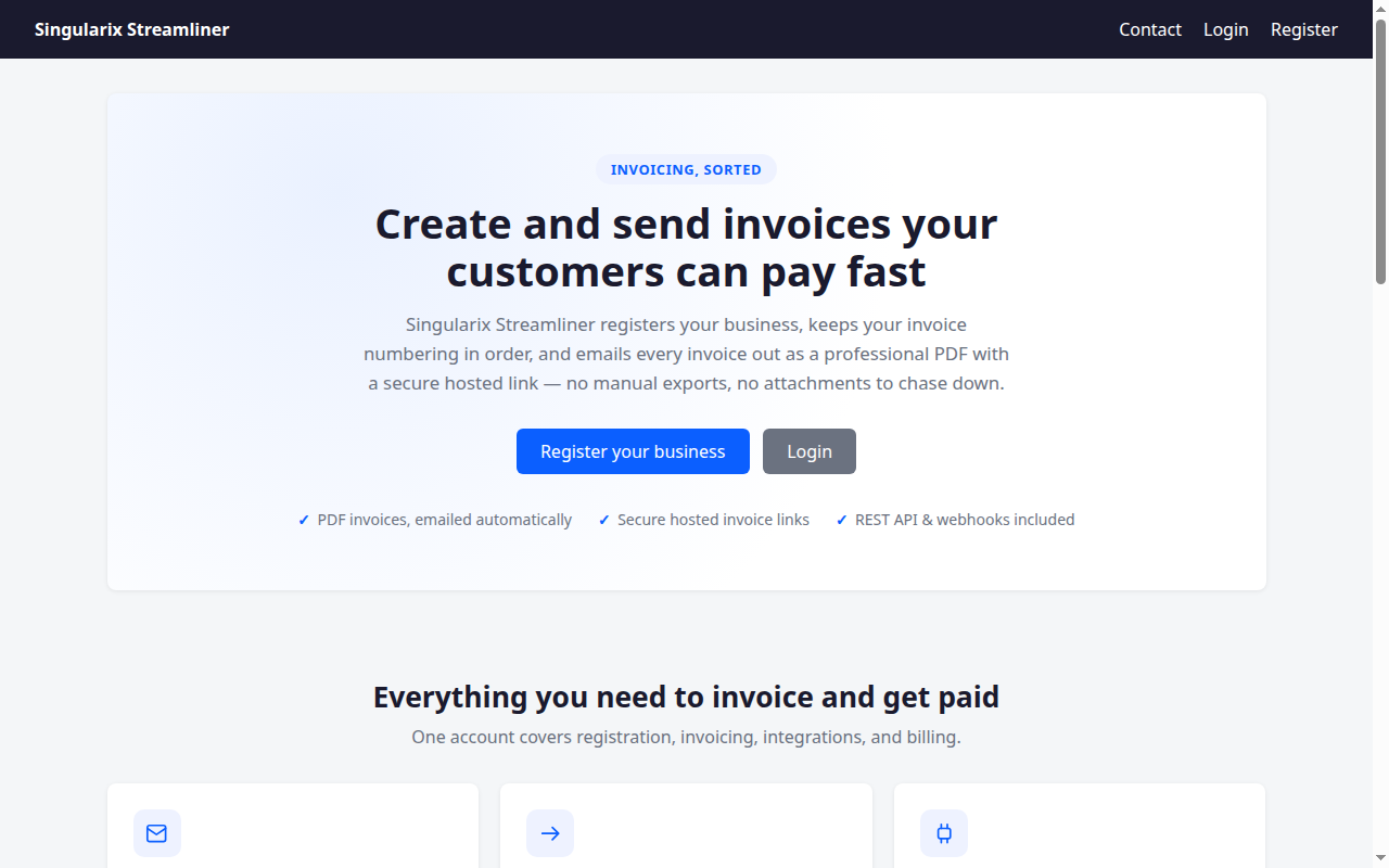 Homepage screenshot of Singularix Streamliner